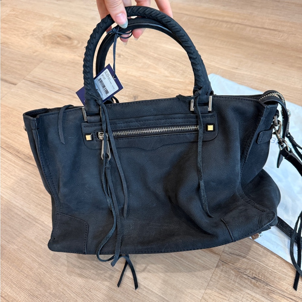 NWT Rebecca Minkoff Black Suede Leather Regan Satchel Tote - Picture 2 of 7